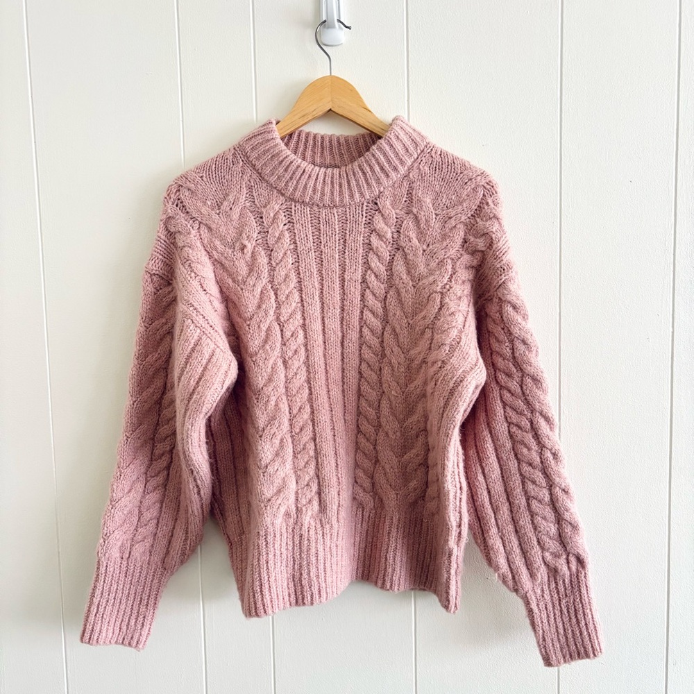 🤍 A New Day Coquette Pastel Pink Cozy Cable Knit Wool Sweater